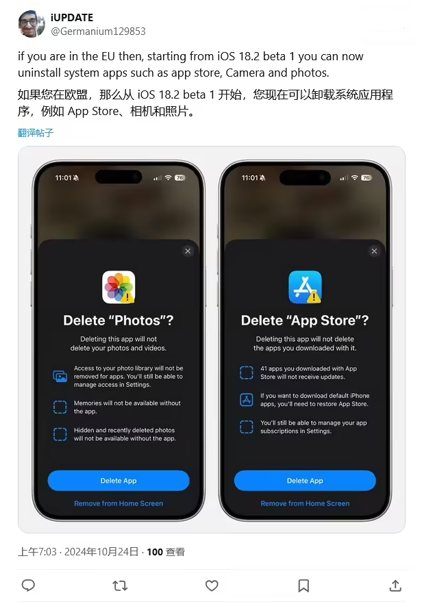 黄岩苹果手机维修分享iOS 18.2 支持删除 App Store 应用商店 
